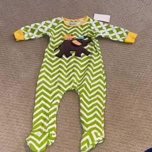 Mud Pie Baby Green and Yellow Appliqué Elephant & Bird Print Baby One Piece